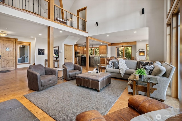 950 Coal Mine Way, Cle Elum, WA 98922 - living room with a high ceiling, wood finished floors, and recessed lighting