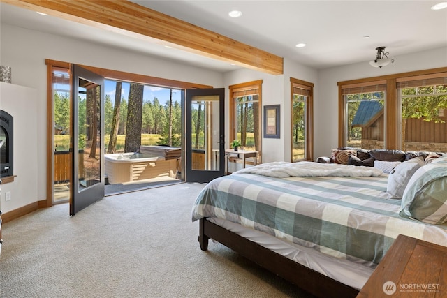950 Coal Mine Way, Cle Elum, WA 98922 - carpeted bedroom with recessed lighting, access to exterior, beam ceiling, and baseboards