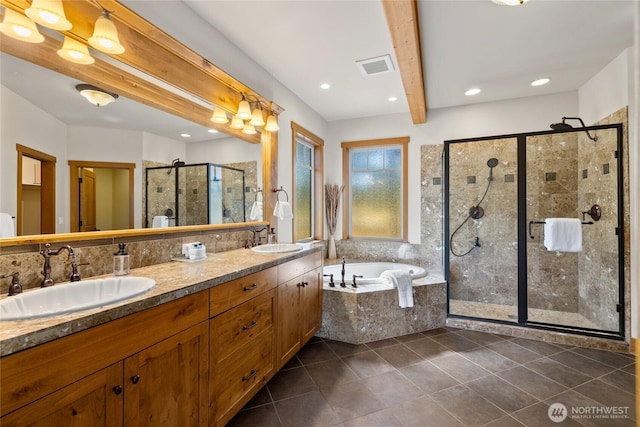 950 Coal Mine Way, Cle Elum, WA 98922 - bathroom with a shower stall, a bath, double vanity, tile patterned flooring, and beamed ceiling