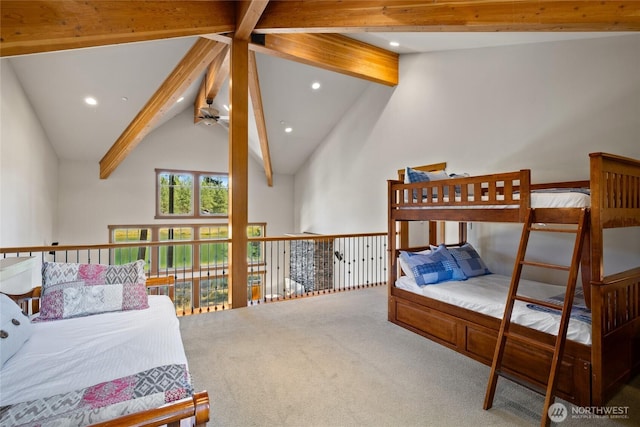 950 Coal Mine Way, Cle Elum, WA 98922 - carpeted bedroom with beam ceiling, recessed lighting, and high vaulted ceiling