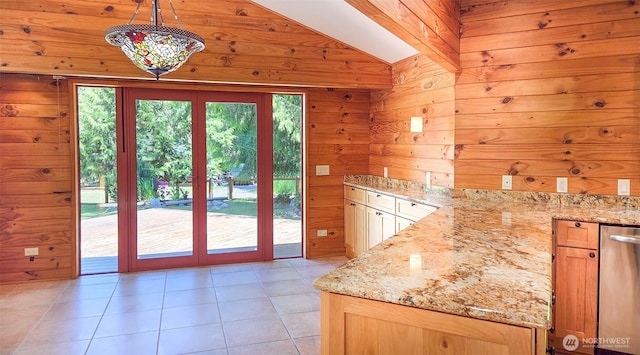 152 Richwood Ln, Lopez Island, WA 98261 - doorway to outside featuring wood walls, light tile patterned floors, french doors, and vaulted ceiling