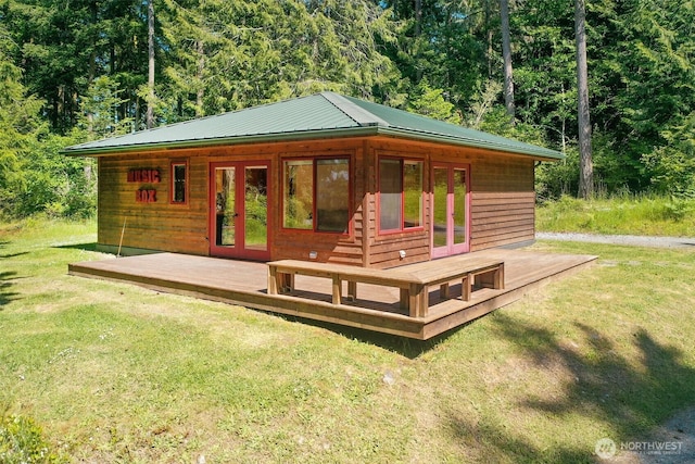 152 Richwood Ln, Lopez Island, WA 98261 - rear view of property with french doors, a deck, and a yard