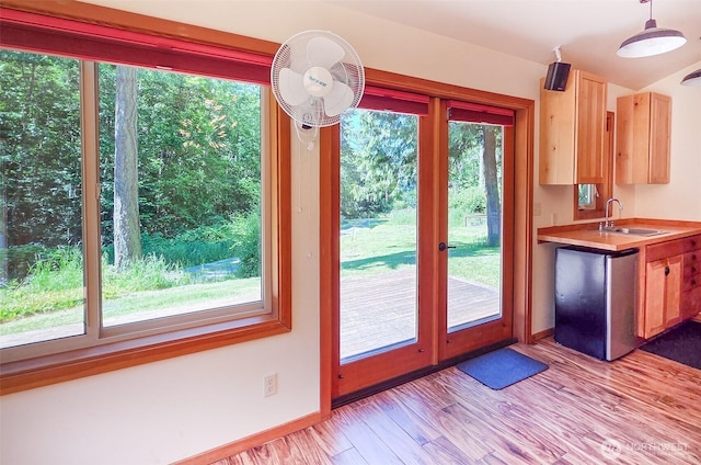 152 Richwood Ln, Lopez Island, WA 98261 - doorway to outside featuring a sink, baseboards, french doors, and light wood-type flooring