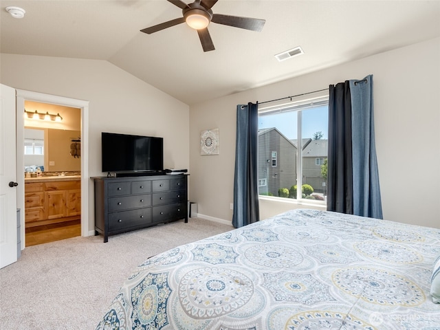 2962 26th Ave, Forest Grove, OR 97116 - bedroom with vaulted ceiling, carpet, ensuite bath, a ceiling fan, and baseboards