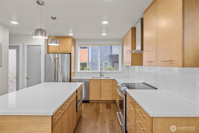 5915 Fauntleroy Way SW Unit C, Seattle, WA 98136 - kitchen with stainless steel appliances, a sink, wood finished floors, light countertops, and wall chimney exhaust hood
