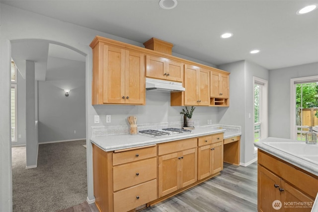 2804 177th, Vancouver, WA 98682 - kitchen featuring under cabinet range hood, white gas stovetop, arched walkways, light countertops, and recessed lighting