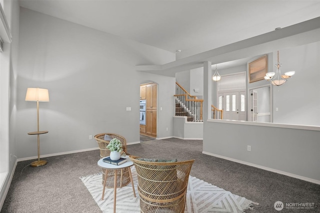 2804 177th, Vancouver, WA 98682 - living area featuring carpet, arched walkways, stairway, and baseboards