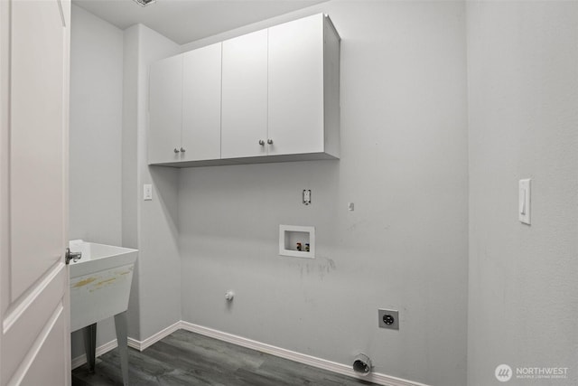 2804 177th, Vancouver, WA 98682 - laundry area featuring cabinet space, electric dryer hookup, washer hookup, baseboards, and dark wood-type flooring
