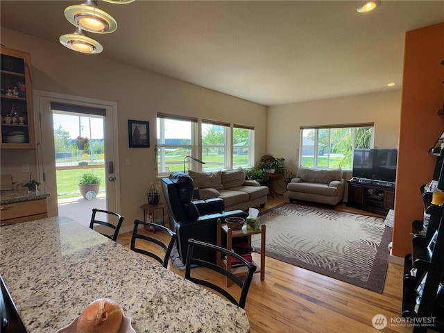 851 Heichel Rd, Camano Island, WA 98282 - living area featuring light wood-type flooring, recessed lighting, and lofted ceiling