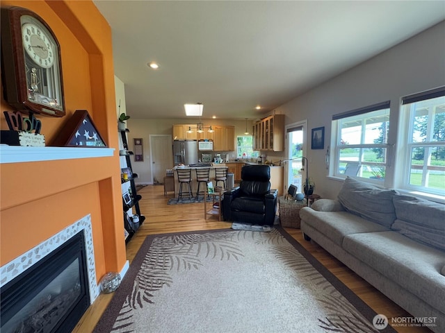851 Heichel Rd, Camano Island, WA 98282 - living area with light wood-type flooring, recessed lighting, and a fireplace