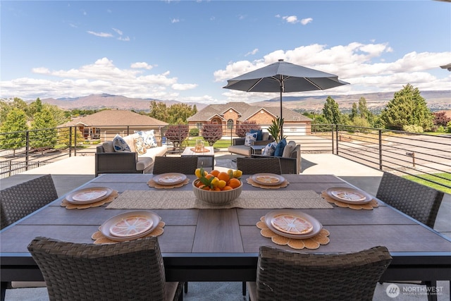 1425 Appleridge St, Wenatchee, WA 98801 - view of patio featuring a mountain view, an outdoor hangout area, a balcony, and outdoor dining space