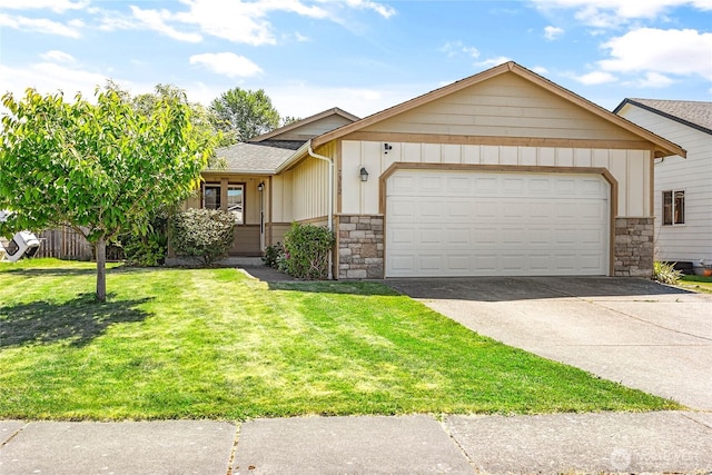 7382 Halibut Dr, Blaine, WA 98230 - ranch-style house featuring board and batten siding, stone siding, a garage, a front yard, and driveway