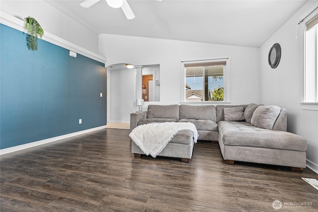 7382 Halibut Dr, Blaine, WA 98230 - living room featuring lofted ceiling, a ceiling fan, wood finished floors, and baseboards
