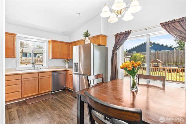 7382 Halibut Dr, Blaine, WA 98230 - kitchen featuring appliances with stainless steel finishes, a sink, a chandelier, light countertops, and plenty of natural light