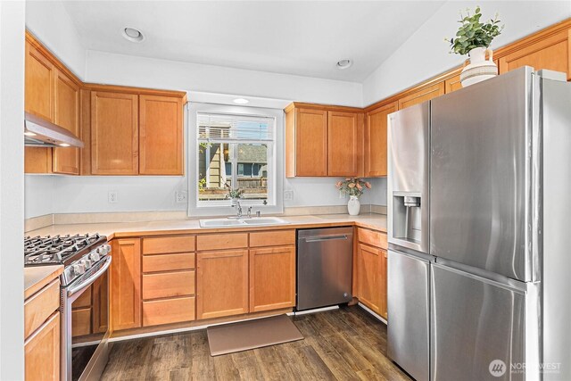 7382 Halibut Dr, Blaine, WA 98230 - kitchen with appliances with stainless steel finishes, under cabinet range hood, a sink, light countertops, and dark wood finished floors