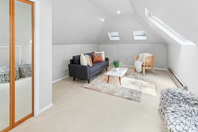 1805 179th Pl NE, Bellevue, WA 98008 - carpeted living area with a skylight, a baseboard heating unit, lofted ceiling, and baseboards