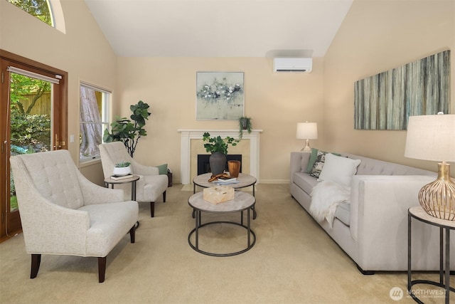1211 6th Pl S, Edmonds, WA 98020 - carpeted living room with a wall mounted AC, high vaulted ceiling, and baseboards