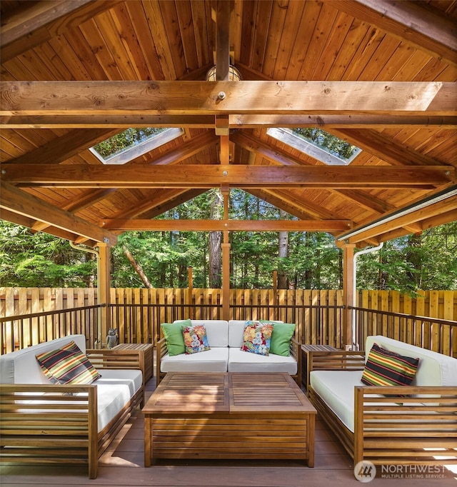 23018 NE 25th Way, Sammamish, WA 98074 - wooden deck featuring an outdoor living space, a gazebo, and a fenced backyard