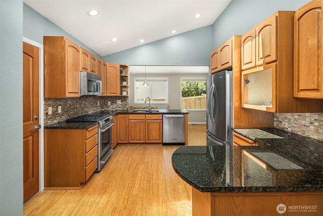 23018 NE 25th Way, Sammamish, WA 98074 - kitchen featuring stainless steel appliances, a peninsula, a sink, light wood-style flooring, and lofted ceiling