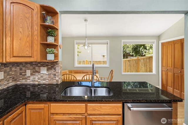 23018 NE 25th Way, Sammamish, WA 98074 - kitchen featuring a sink, dishwasher, open shelves, decorative backsplash, and dark stone countertops