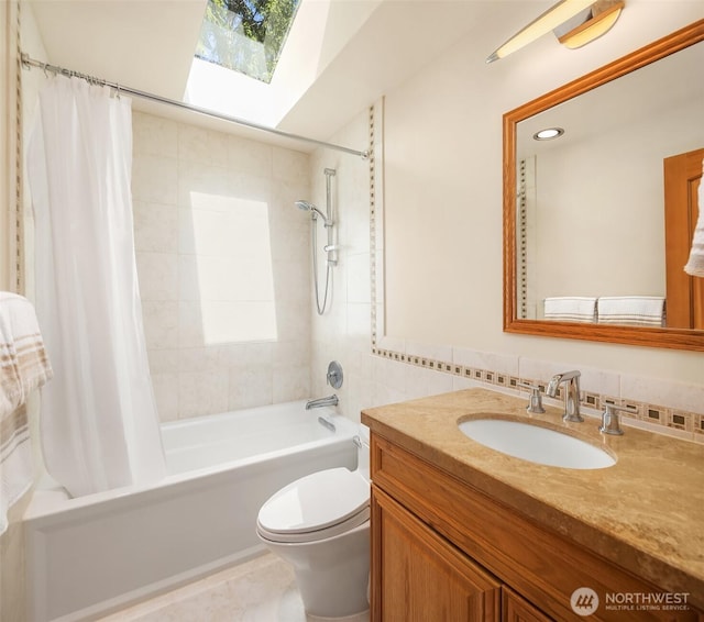 23018 NE 25th Way, Sammamish, WA 98074 - bathroom with vanity, shower / bathtub combination with curtain, a skylight, and toilet