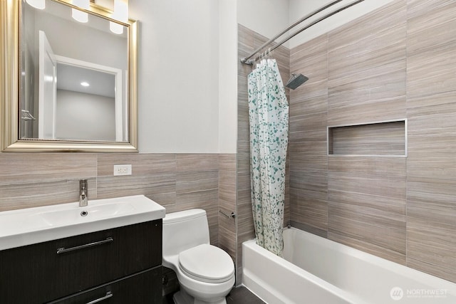 10445 Dixon Dr S, Seattle, WA 98178 - full bath with toilet, vanity, tile walls, and shower / bath combination with curtain