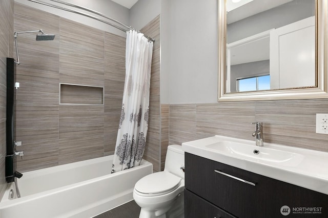 10445 Dixon Dr S, Seattle, WA 98178 - full bath with toilet, vanity, shower / tub combo, and tile walls