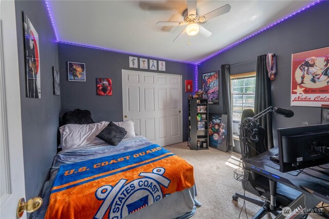 1822 W Devanny Ln, Port Angeles, WA 98363 - carpeted bedroom with vaulted ceiling, a desk, and ceiling fan