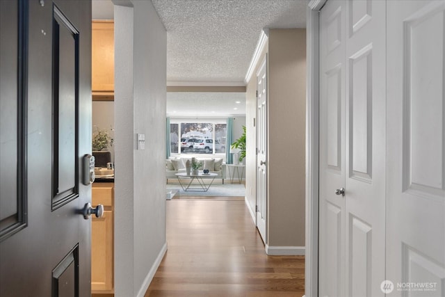 13009 E Gibson Rd Unit Q130, Everett, WA 98204 - hallway featuring wood finished floors, crown molding, a textured ceiling, baseboards, and a textured wall