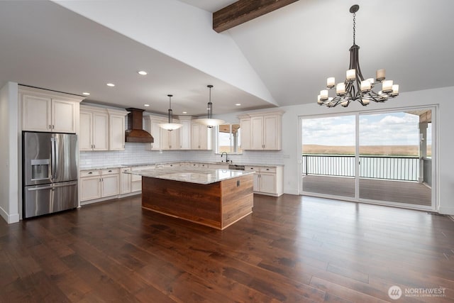 7328 Stonecrest Rd NE, Moses Lake, WA 98837 - kitchen featuring stainless steel refrigerator with ice dispenser, custom exhaust hood, a sink, backsplash, and recessed lighting