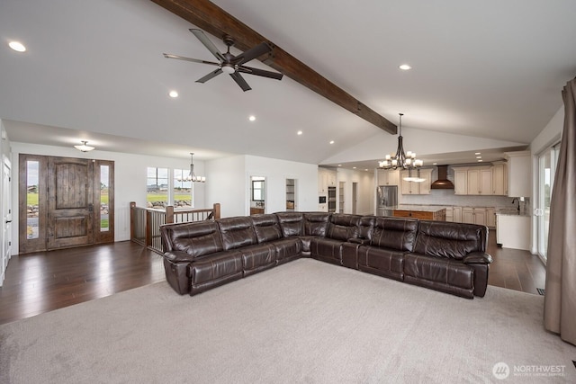7328 Stonecrest Rd NE, Moses Lake, WA 98837 - living room featuring a chandelier, healthy amount of natural light, recessed lighting, dark wood-type flooring, and ceiling fan