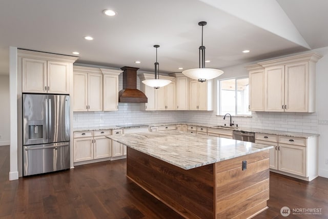 7328 Stonecrest Rd NE, Moses Lake, WA 98837 - kitchen with stainless steel appliances, custom range hood, dark wood finished floors, decorative backsplash, and recessed lighting