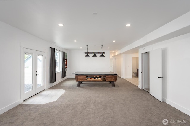 7328 Stonecrest Rd NE, Moses Lake, WA 98837 - recreation room with carpet, recessed lighting, baseboards, billiards table, and french doors