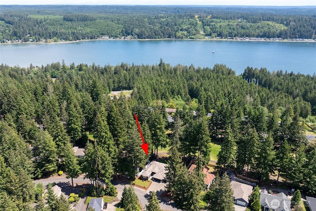 1361 E Old Ranch Rd, Allyn, WA 98524 - aerial view of property and surrounding area with a forest and a nearby body of water
