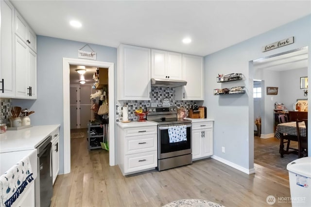 2337 W Castleman St, Longview, WA 98632 - kitchen featuring appliances with stainless steel finishes, under cabinet range hood, white cabinets, decorative backsplash, and light countertops