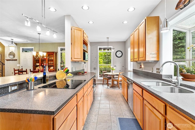 1933 Valleybrook Ln, Bellingham, WA 98229 - kitchen featuring a sink, black electric stovetop, dark countertops, a chandelier, and stainless steel dishwasher