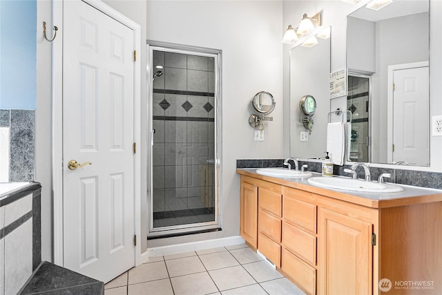 1933 Valleybrook Ln, Bellingham, WA 98229 - bathroom with a stall shower, tile patterned flooring, and double vanity