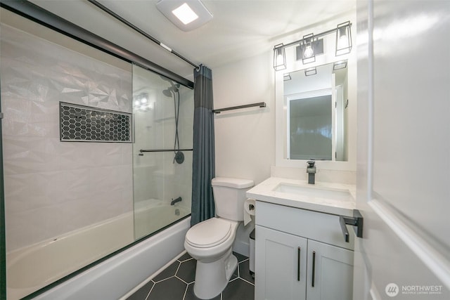 33137 35th Ave SW, Federal Way, WA 98023 - bathroom with shower / bath combo with shower curtain, toilet, vanity, and tile patterned flooring