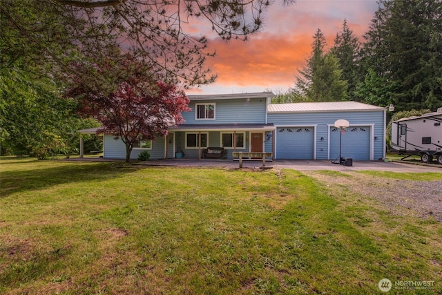 4718 252nd St NE, Arlington, WA 98223 - traditional-style house with dirt driveway, an attached garage, covered porch, and a front yard