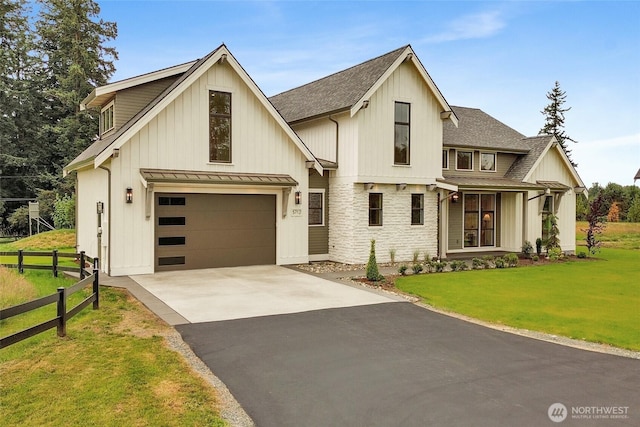 5712 Denali Ln, Bellingham, WA 98226 - modern inspired farmhouse with driveway, a shingled roof, a standing seam roof, and board and batten siding