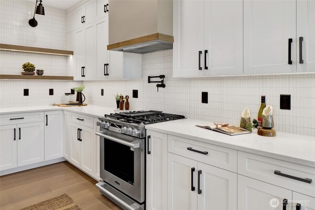5712 Denali Ln, Bellingham, WA 98226 - kitchen featuring stainless steel range with gas stovetop, premium range hood, tasteful backsplash, and light countertops