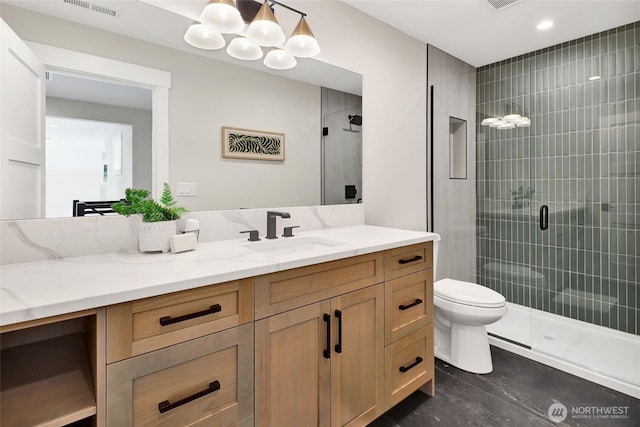 5712 Denali Ln, Bellingham, WA 98226 - bathroom featuring vanity, a shower stall, and recessed lighting