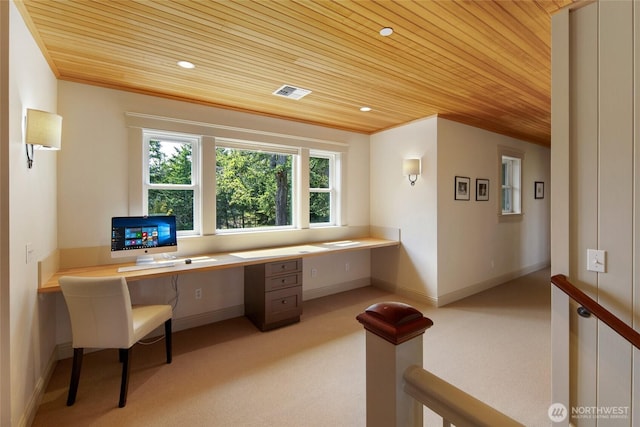 148 Yarrow Rd, Friday Harbor, WA 98250 - office area with wood ceiling, built in desk, light colored carpet, recessed lighting, and baseboards