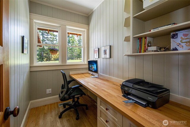 148 Yarrow Rd, Friday Harbor, WA 98250 - office featuring baseboards, wood finished floors, and ornamental molding