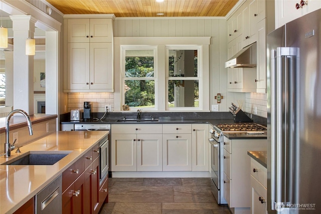 148 Yarrow Rd, Friday Harbor, WA 98250 - kitchen with premium appliances, wood ceiling, under cabinet range hood, a sink, and tasteful backsplash