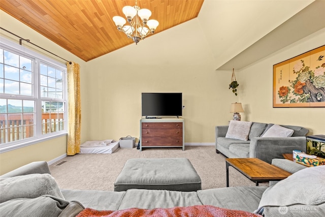 1291 Channel Ave SW, Ocean Shores, WA 98569 - carpeted living room featuring wood ceiling, lofted ceiling, a chandelier, and baseboards