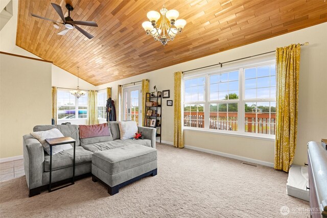 1291 Channel Ave SW, Ocean Shores, WA 98569 - carpeted living area featuring a chandelier, wooden ceiling, lofted ceiling, baseboards, and ceiling fan