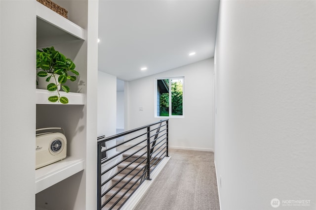 3718 W Arsenal Way, Bremerton, WA 98312 - hallway featuring an upstairs landing, lofted ceiling, carpet, recessed lighting, and baseboards