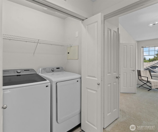 5529 Lakemont Blvd SE Unit 901, Bellevue, WA 98006 - washroom featuring independent washer and dryer, light carpet, and electric panel