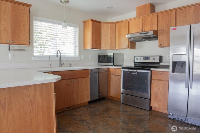 6 Laguna Pl W, Omak, WA 98841 - kitchen with appliances with stainless steel finishes, under cabinet range hood, a sink, and light countertops